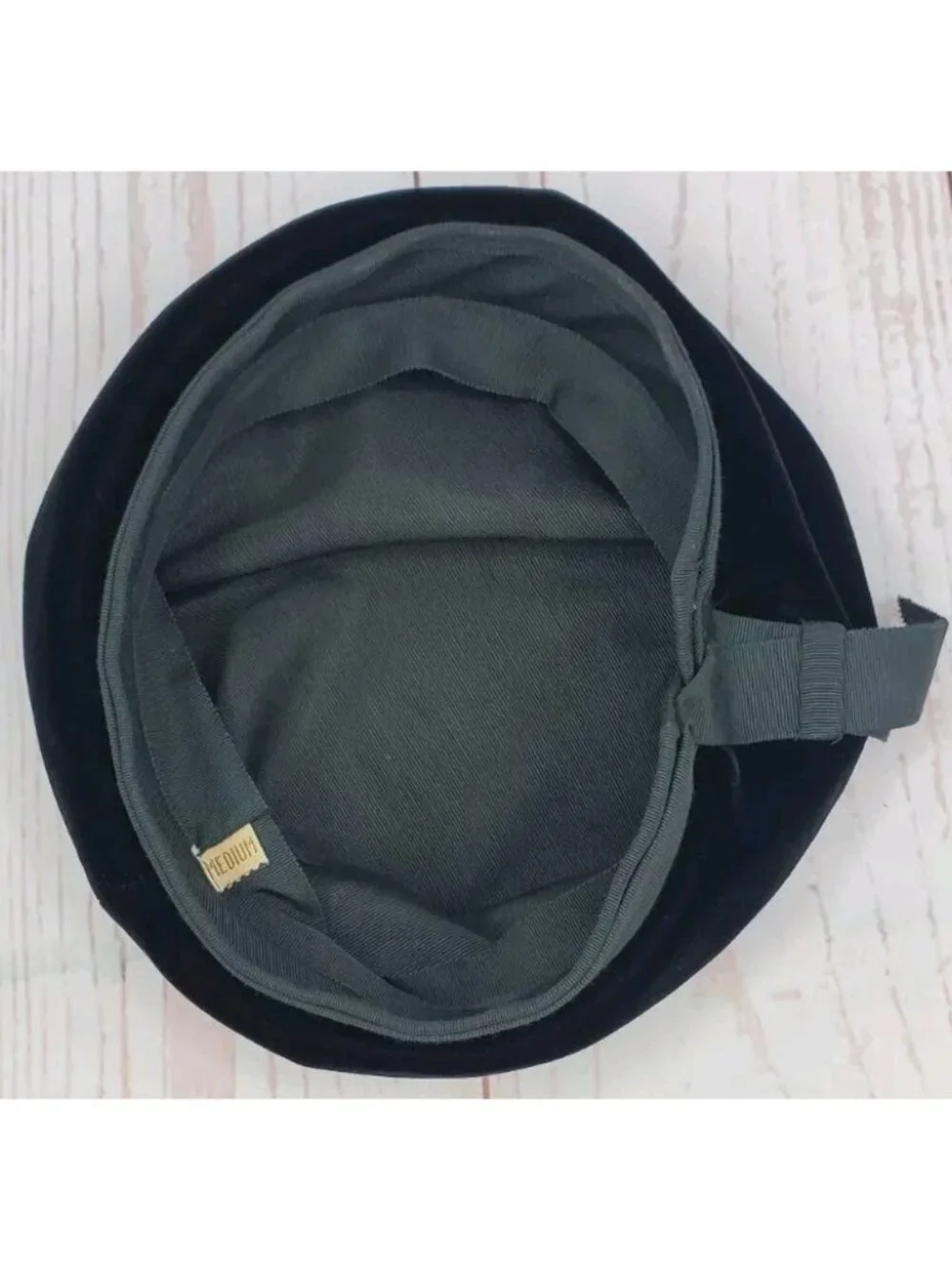 Vtg Union Black Velvet Slouch Beret Cap Hat Ribbon United Hatters Millinery MED